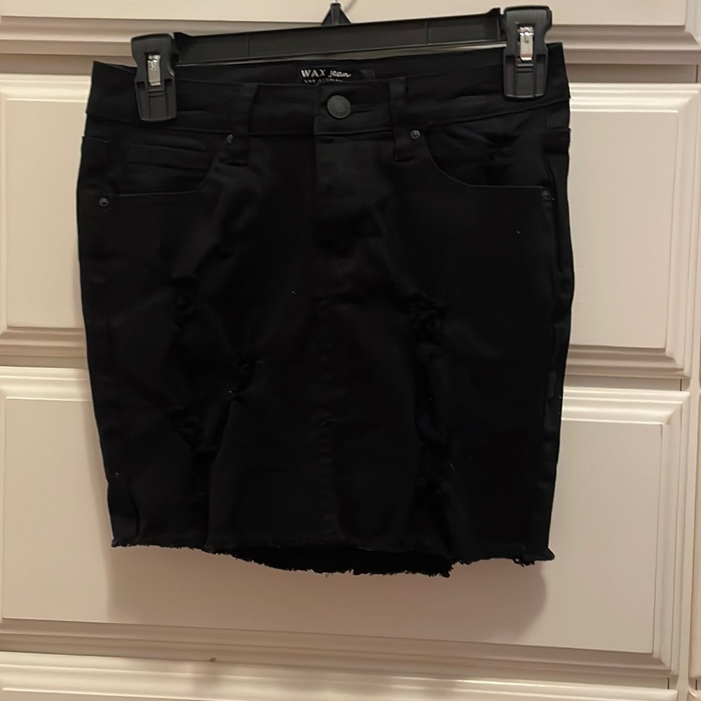 Black distressed denim skirt